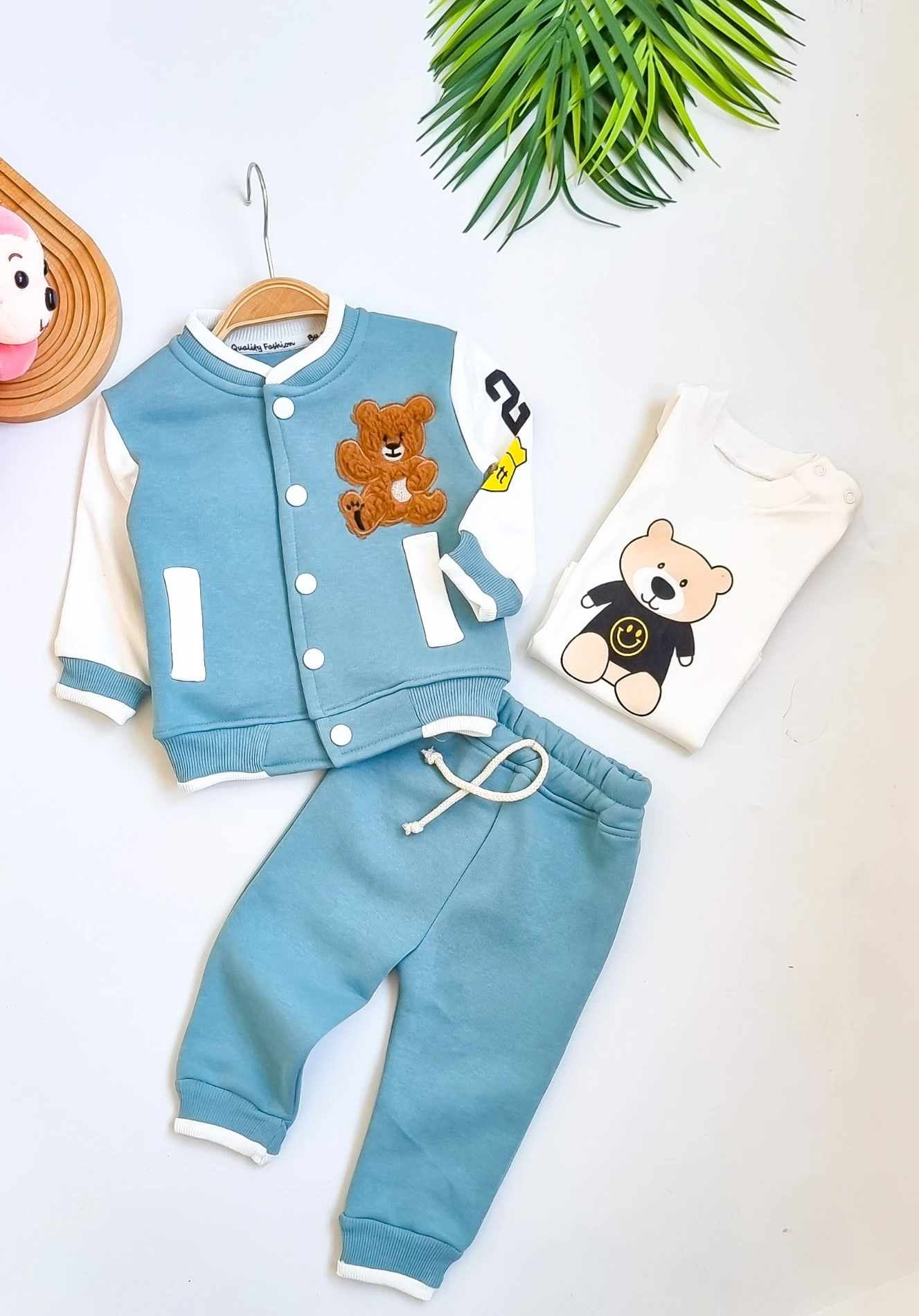 Şerit Detayli bear hırkalı  3 lü takım  