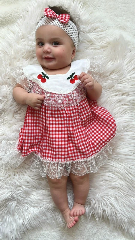 Kiraz desenli poti kare bandanali elbise 