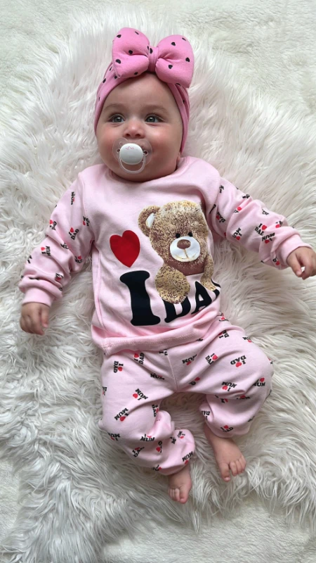 Ayıcıkli kalp desenli boneli pijama takımı 