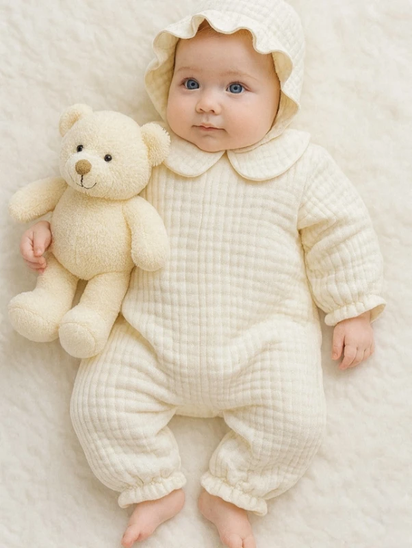 Çift kat müslin tulum & şapka takımı