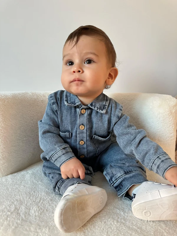 Düğme detaylı cepli denin tulum