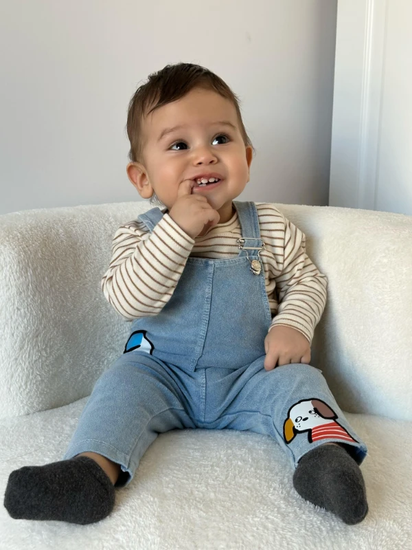 Köpüş desenli çizgili body & denim salopet takımı