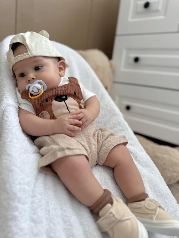 Bear desenli salopet ve body takımı