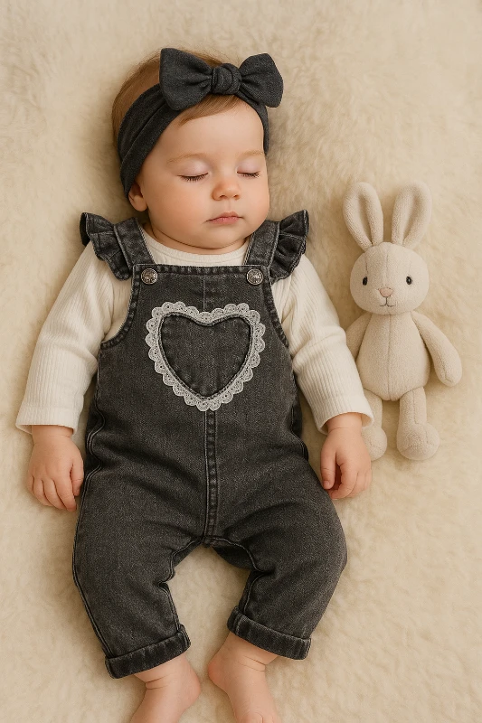 Omuzları fırfırlı kapl detaylı denim salopet & body  gri füme