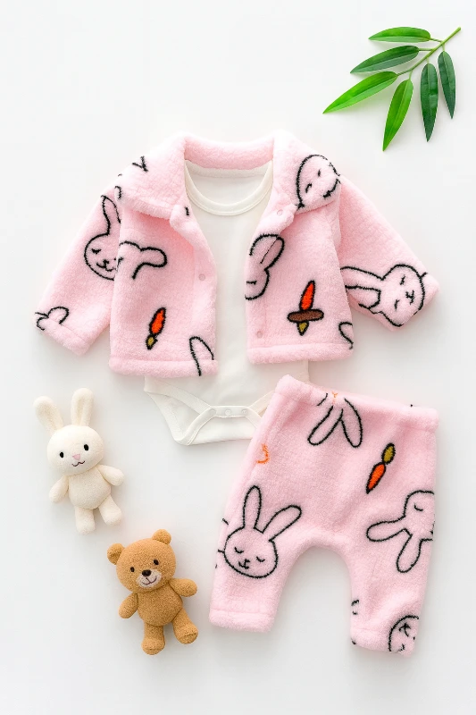 Tavşan ve havuç desenli peluş 3 lü takım pembe 