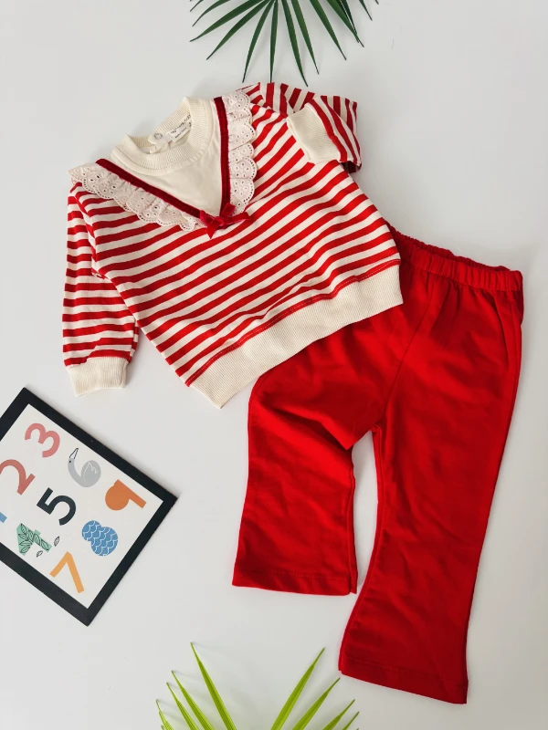 Kırmızı çizgili güpür detaylı 2 li takım