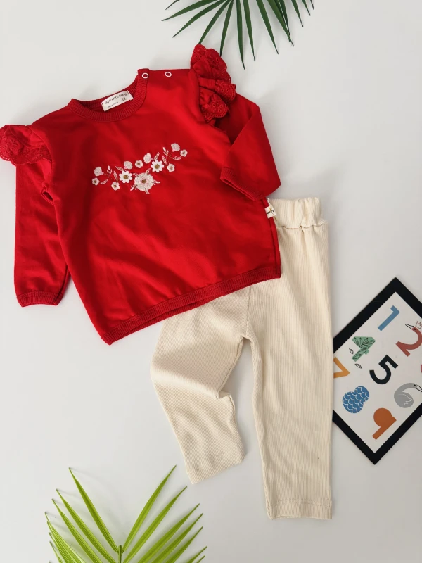 Çiçek nakışlı omuzları güpürlü 2 li takım 