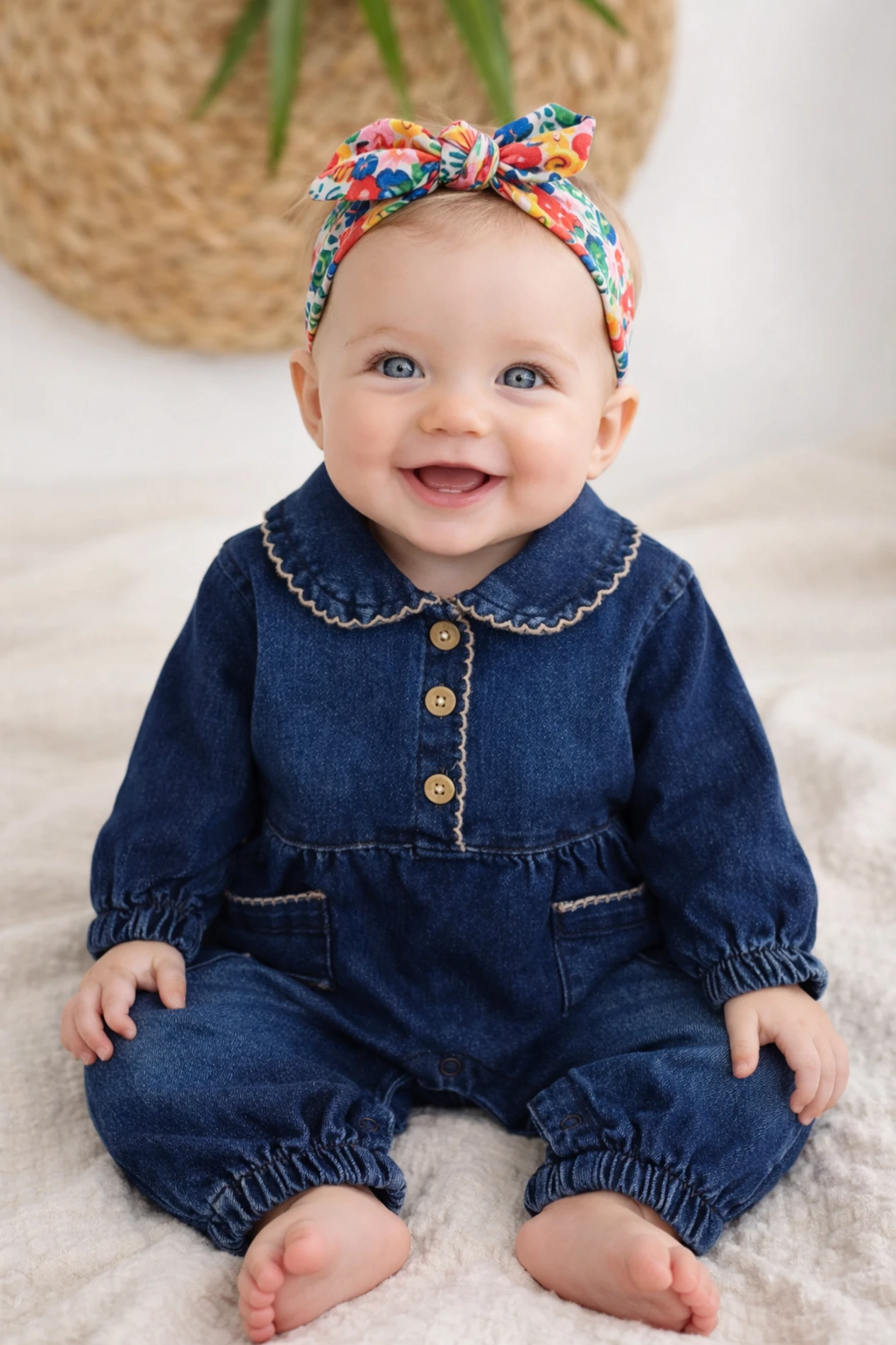 Bebe yaka cep detaylı denim tulum