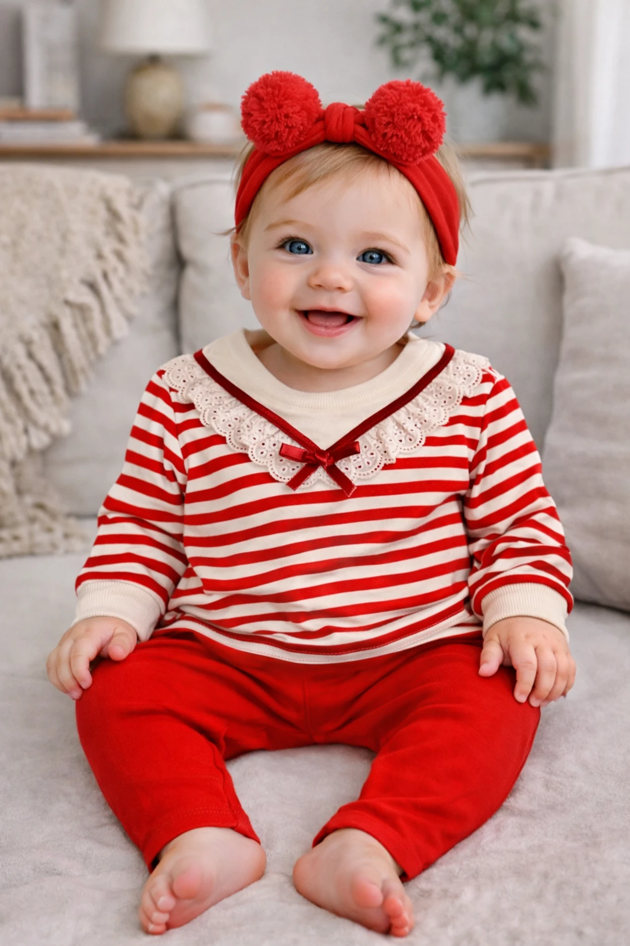 Kırmızı çizgili güpür detaylı 2 li takım