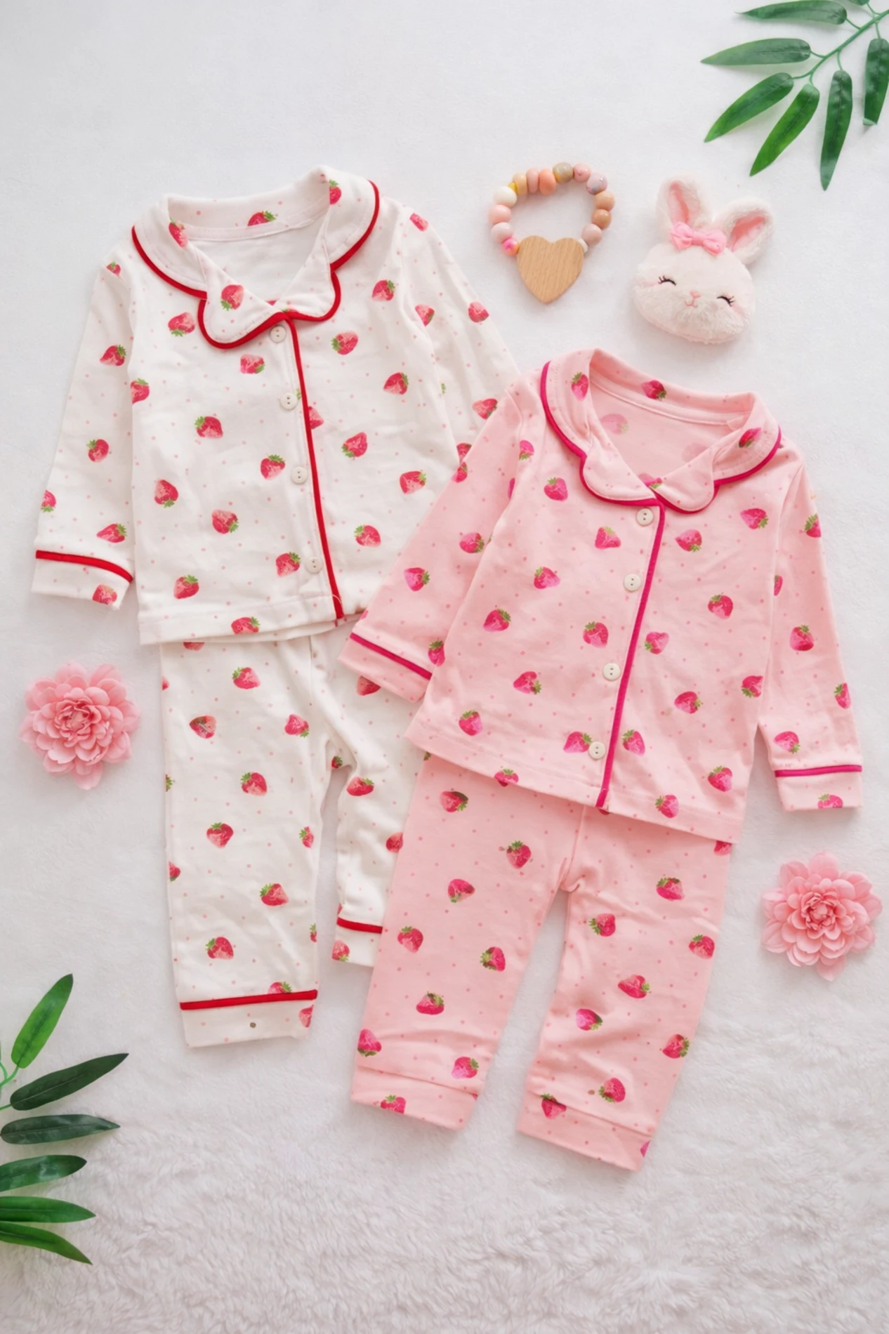 Çilek desenli önden düğmeli pijama takımı