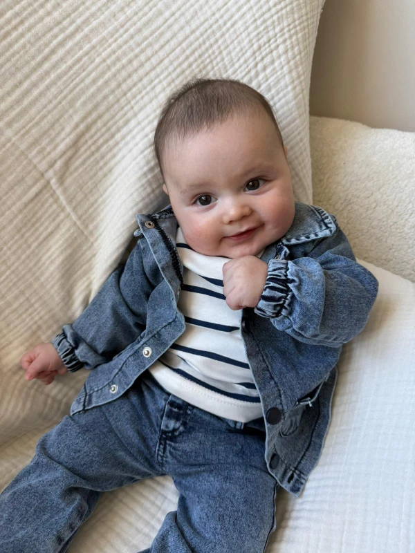 Kot ceket / kot pantolon / uzun kollu cizgili body takımı