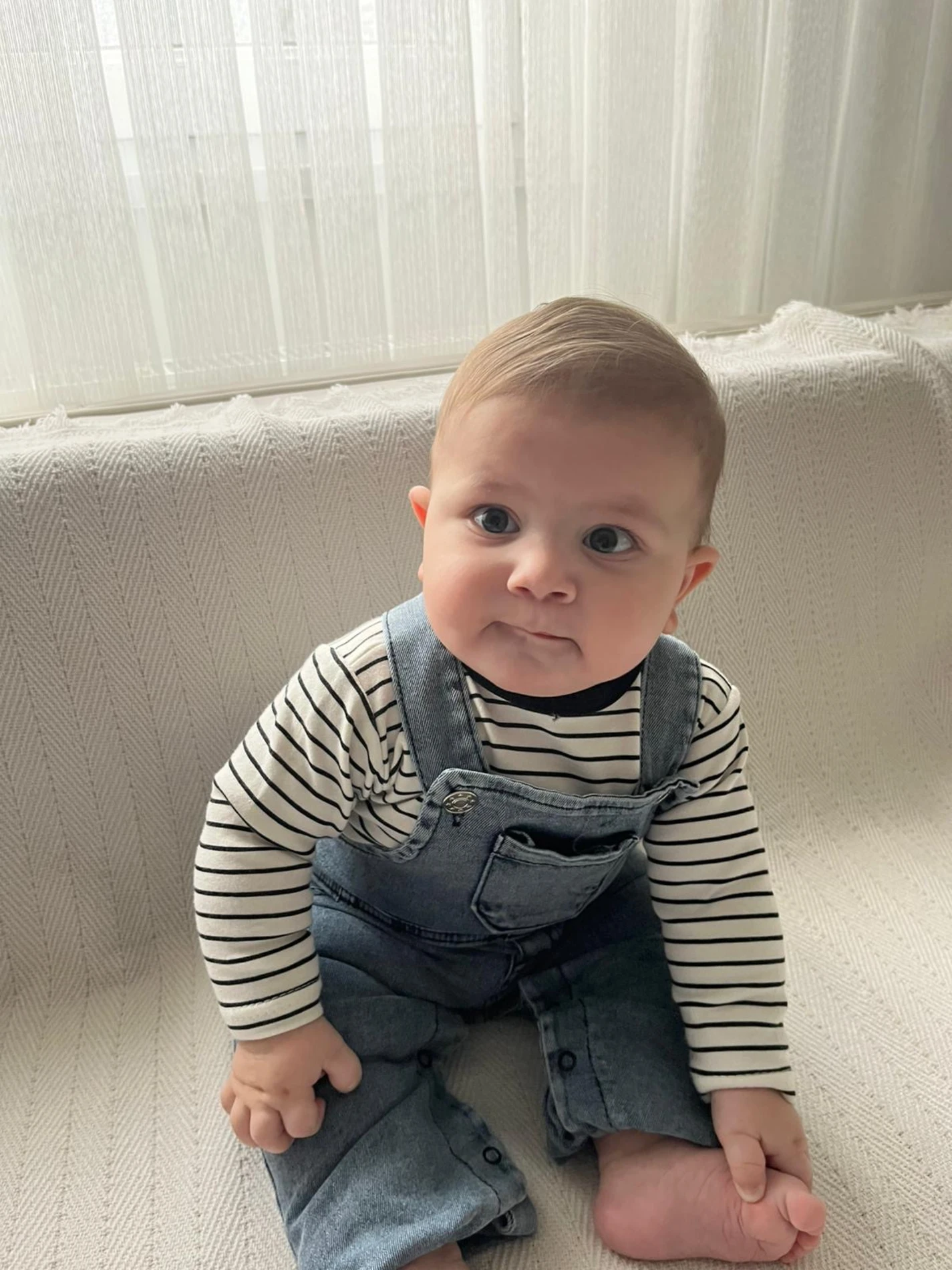 Çizgili body & denim salopet takımı 