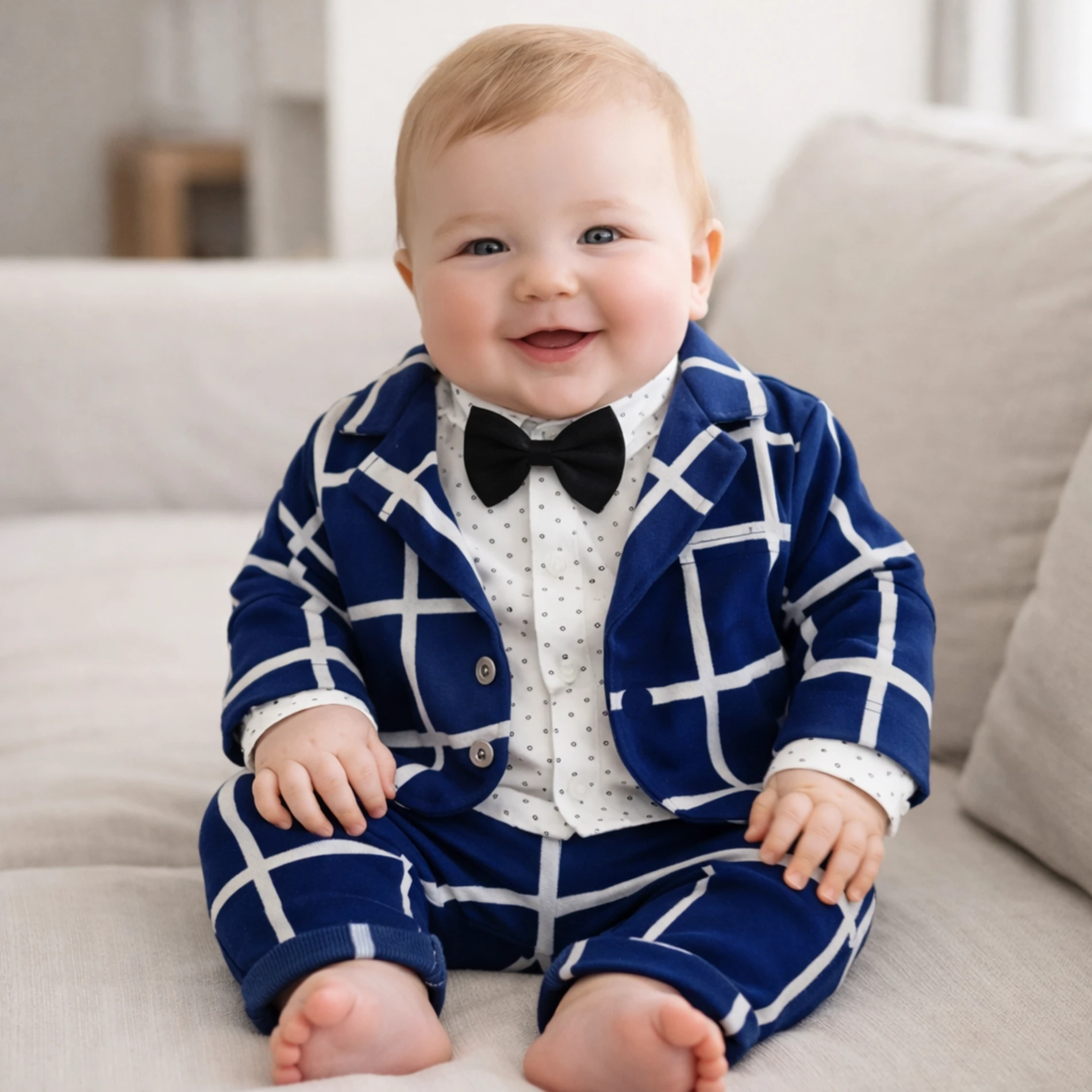 Kendinden papyonlu kareli ceket pantolon & body takımı