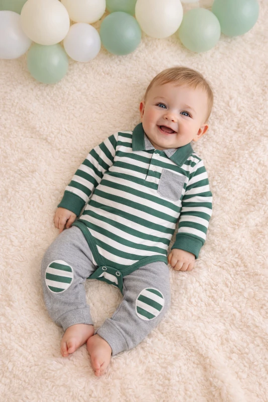 Polo yaka şerit detaylı 2li takım