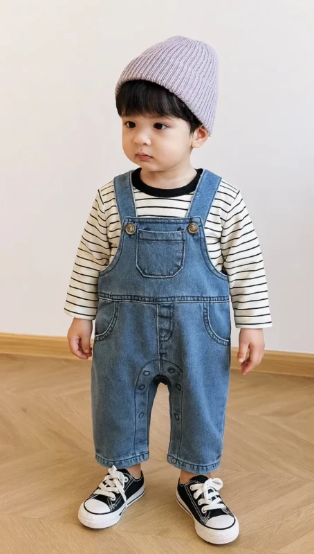 Çizgili body & denim salopet takımı 