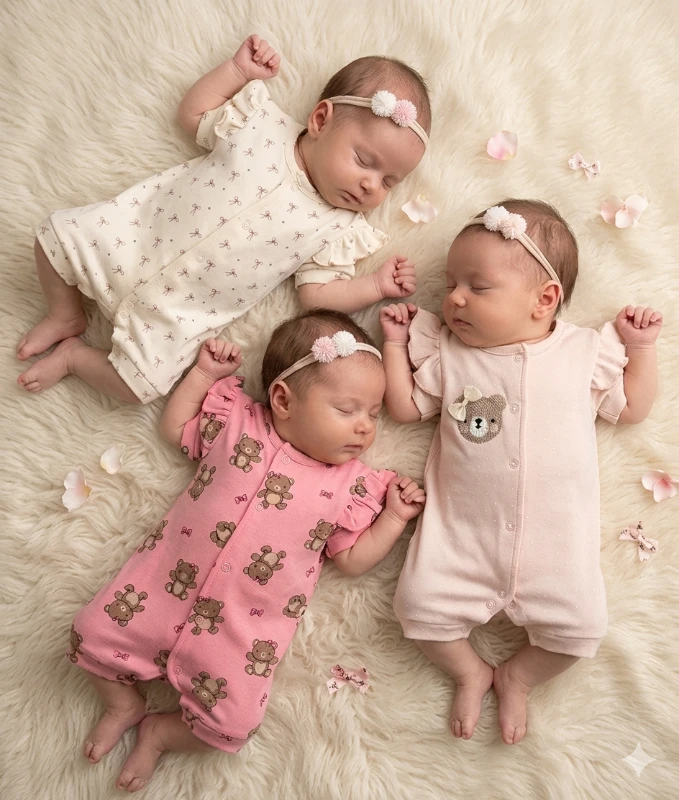 Ayıcık detaylı kolları fırfırlı üçlü kısa kollu tulum seti