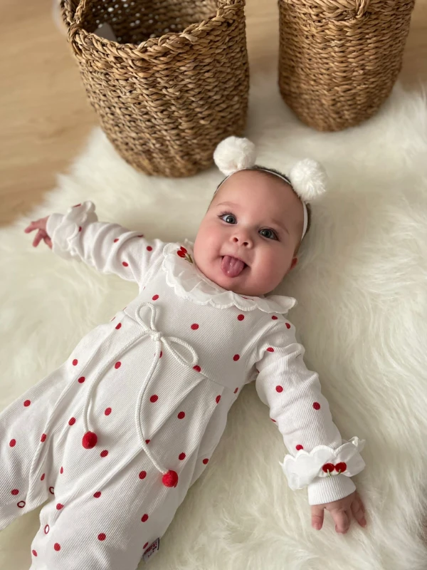 Fisto yaka kiraz desenli tulum